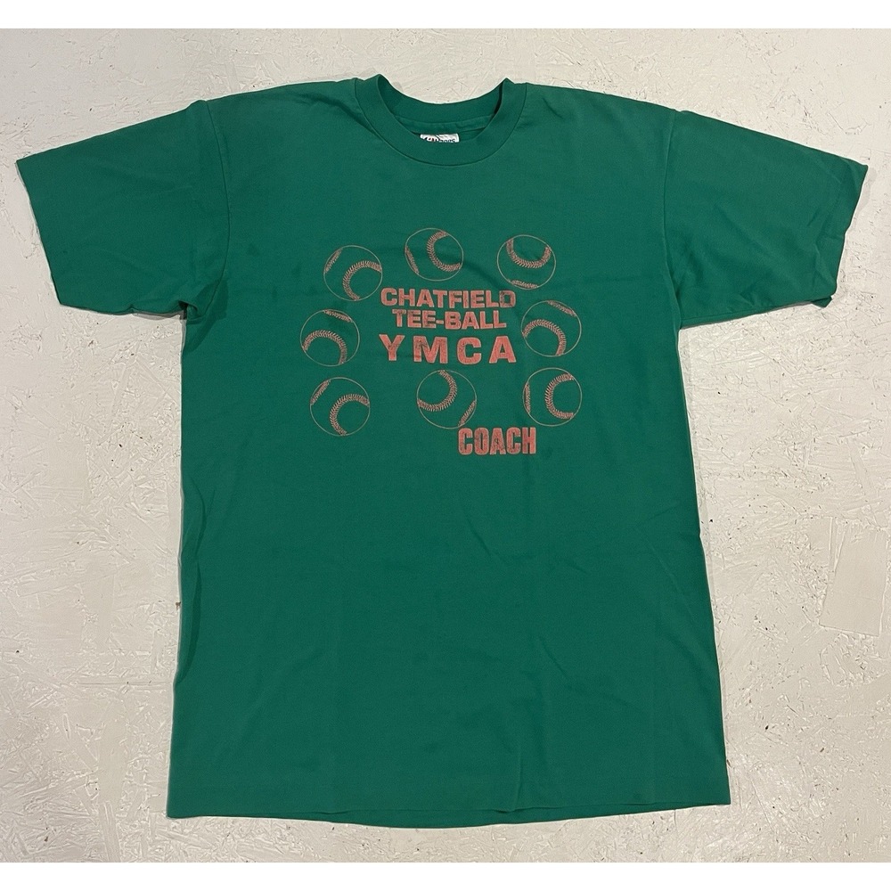 Vintage YMCA Tee Ball Coach Short Sleeve Shirt Mens L Green Pink Chatfield